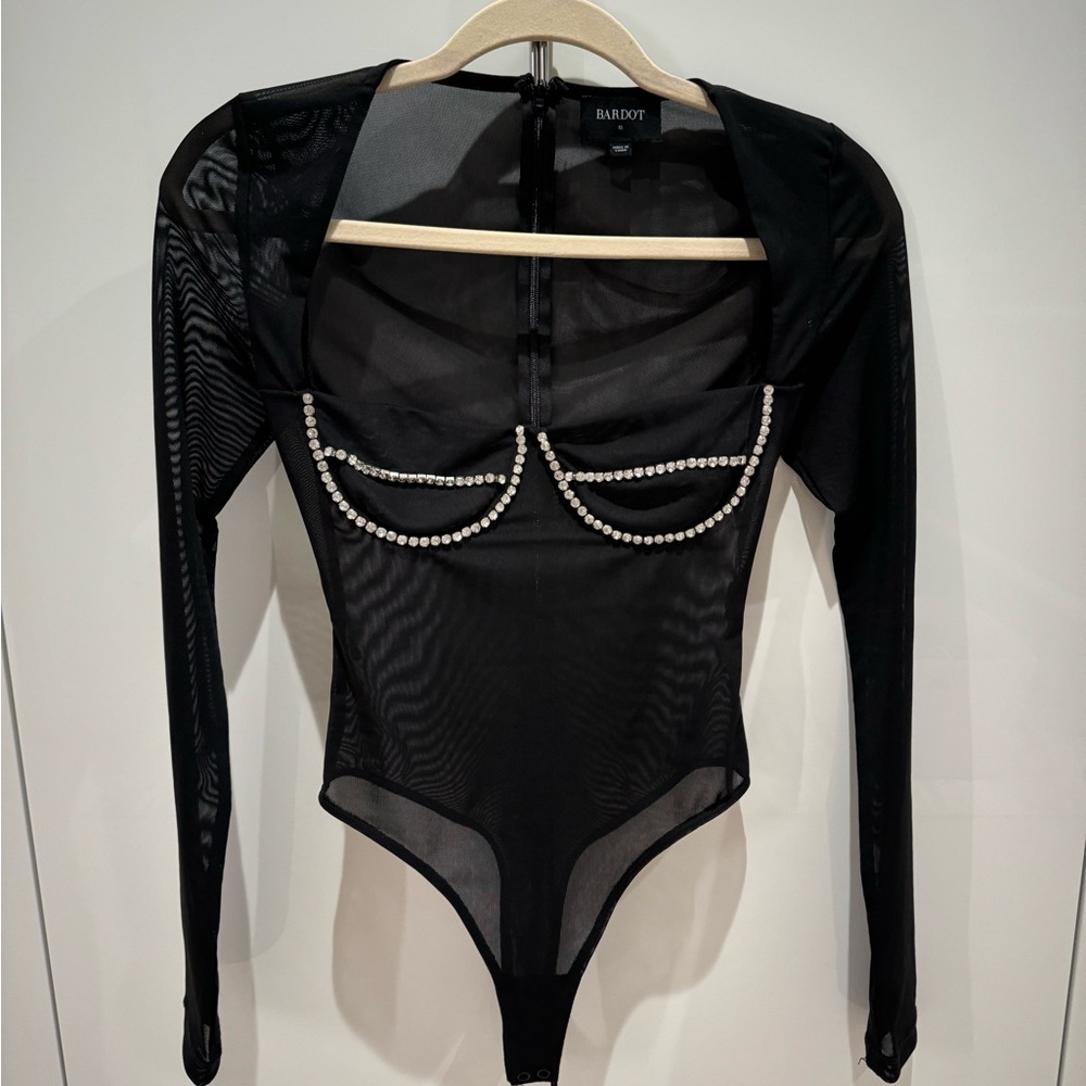 Sheer Black Long Sleeve Bodysuit with Rhinestone Detail - Picture 6 of 8